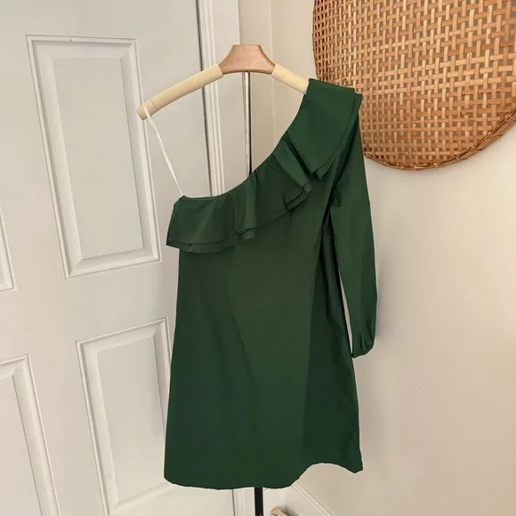 J Crew Mercantile Womens One Shoulder Ruffle Green Shift Dress Size 6 Fall Chic - Picture 4 of 10